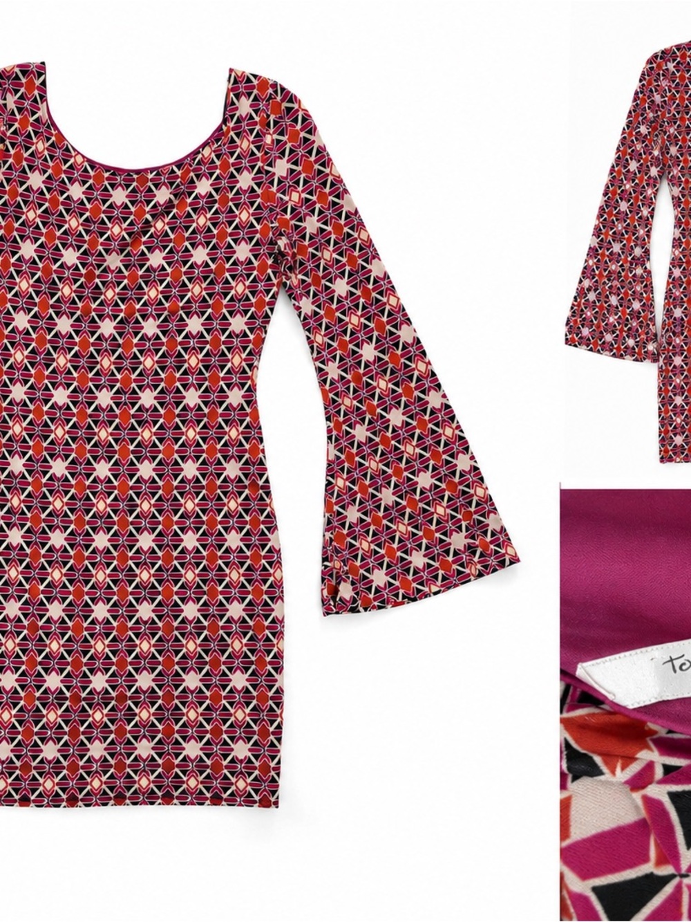 Together Geometric Print Long-Sleeve Bell Dress in Magenta and Black